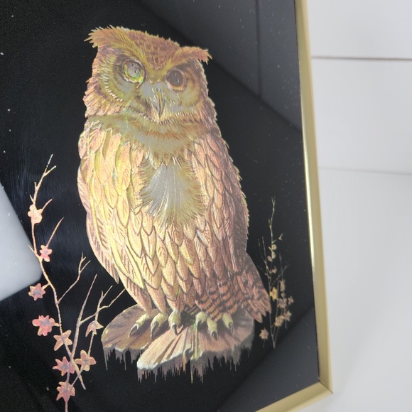 Vintage 1980s Perched Owl Metallic Foil Art, Kafka Ind- Framed VTG Art- Woodland - Picture 3 of 7